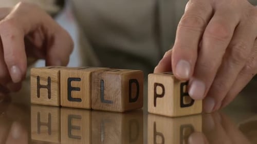Help, Old Man Making Word of Wooden Cubes, Support and Assistance for Elderly