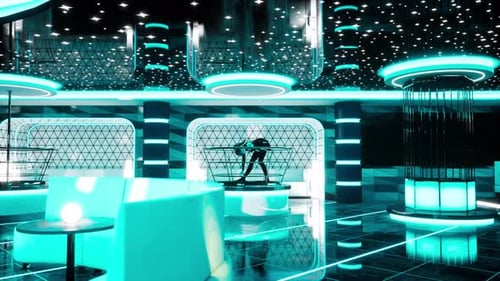 Futuristic Nightclub Animation with Dancing Silhouette and Neon Lights