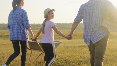 Family Walking Hand-in-Hand in Sunny Rural Field