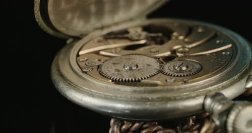 Antique Pocket Watch Gears Moving Close Up