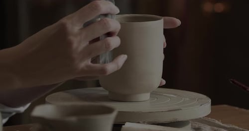 Hands Shape Clay Cup on Potter's Wheel