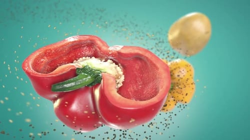 Dynamic Split of Red Bell Pepper with Floating Spices