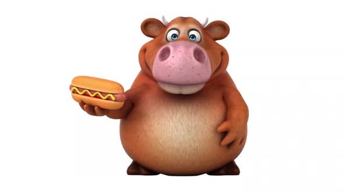 Animated 3D Cartoon Cow Holding Hot Dog and Gesturing