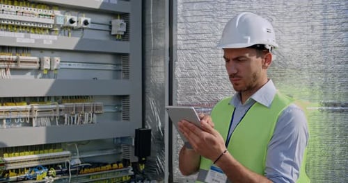 Crop View of Male Electrical Engineer Standing Near Therminal Box of Solar Panel. Guy in Protective