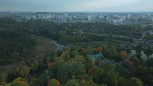 Flug über den Herbstpark. Bäume mit gelbem Herbstlaub sind sichtbar. Luftbildfotografie.