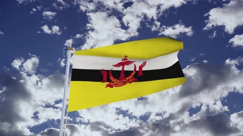 Brunei National Flag Waving In Cloudy Sky