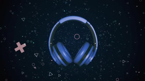 Blue Headphones Rotating with Abstract Shapes Animation