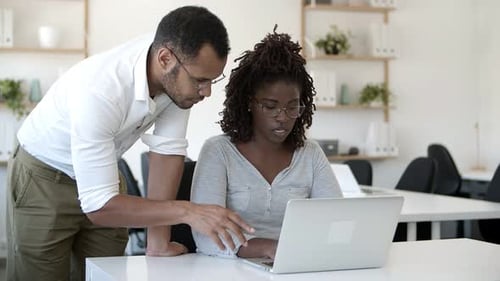 Front View of Concentrated Employees Working with Laptop