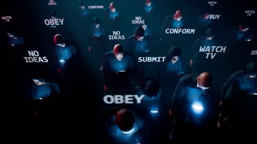 People hypnotized by their mobiles walk in the dark. Zombie walk. Mind control