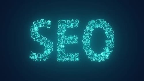 SEO Word Revealed by Glowing Futuristic Technology Icons