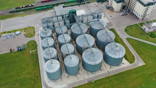 Aerial View of Grain Silos at Industrial Complex