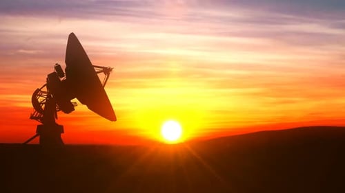 Radio Telescope Satellite Dish Rotating at Scenic Sunset