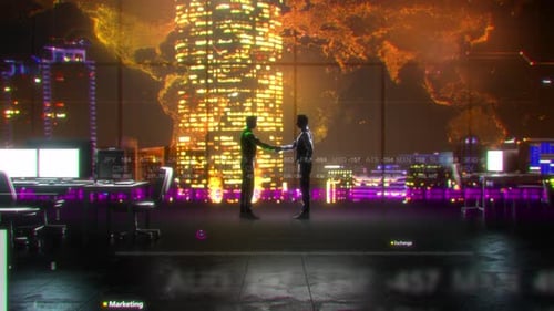 Global Business Handshake in Futuristic Data Office