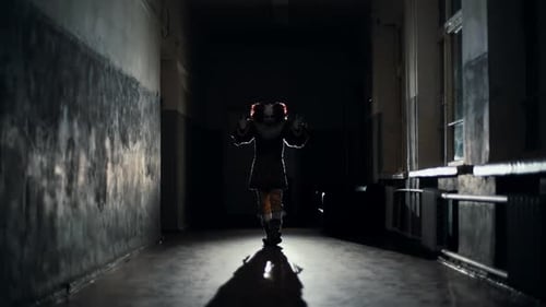 Menacing Clown Standing in Dark, Abandoned Hallway