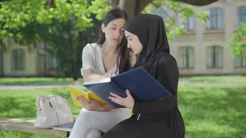 Seitenansicht selbstbewusster junger Studenten, die an sonnigen Tagen im Freien studieren. Porträt eines positiven Muslims