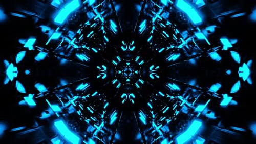 Flying in a tunnel with flashing multicolored fluorescent lights. Kaleidoscope