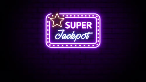 Sinal de néon Super Jackpot no fundo da parede de tijolos 4K