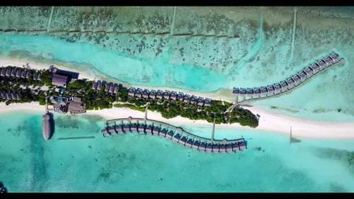 Aerial top down abstract of marine tourist beach break by blue sea with bright sand background of a