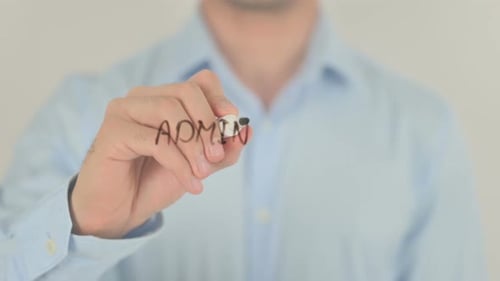 Man Writes Administrative Assistance on Transparent Screen