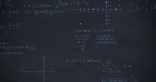 Mathematical equations on chalkboard