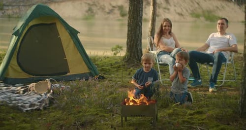 Two Boys 3-6 Years Together Fry on Fire Marshmallows on Sticks Against the Background of Parents