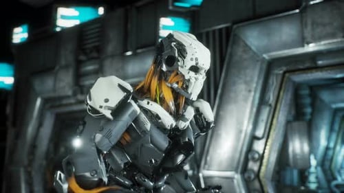 3D Futuristic Robot Preparing for Action in Sci-Fi Environment