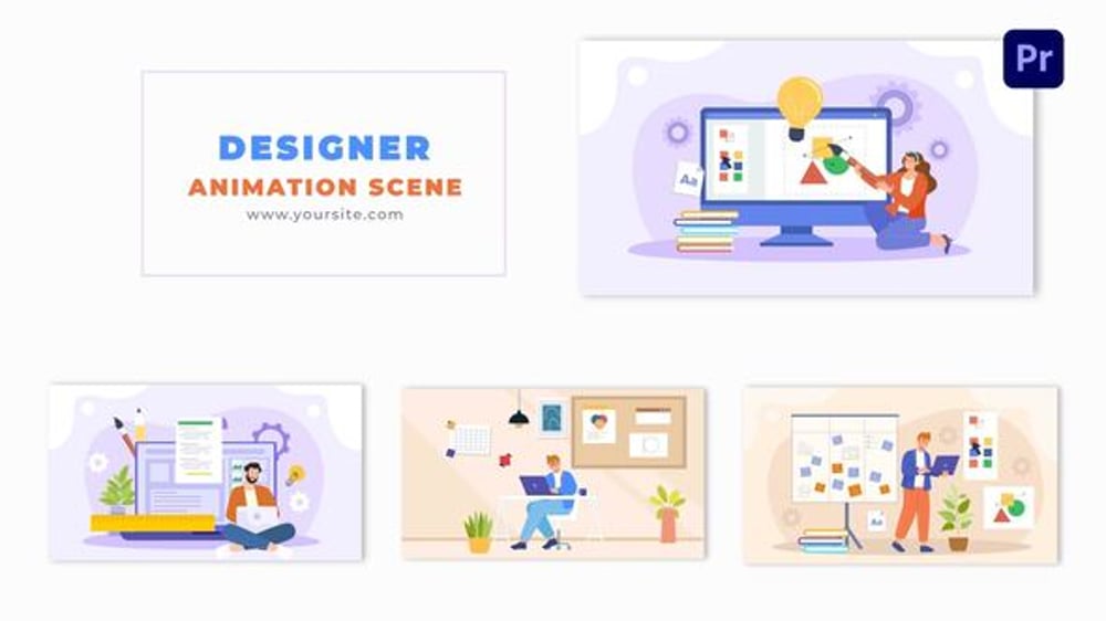 Flat Vector Graphic Designer Animated Design Scene Template, Elements ...