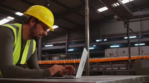 Male supervisor using laptop near production line