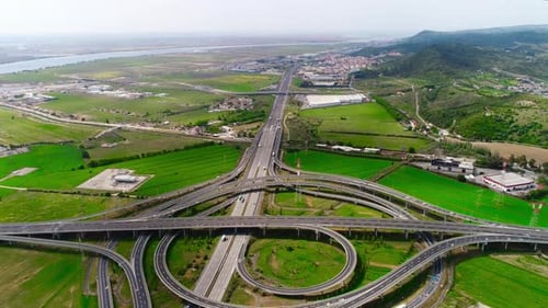 Aerial View of Highway Interchange in Rural Landscape