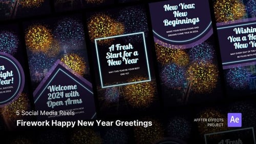 Neon New Year Greetings Social Media Stories with Firework Animations