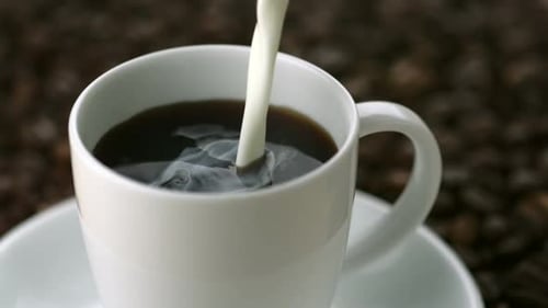 Milk Being Poured Into Black Coffee Cup