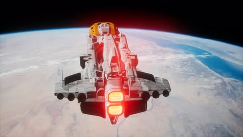 Futuristic Spaceship Flying Above Earth in Orbit