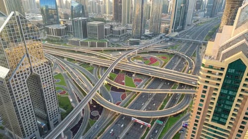 Time lapse of Dubai Downtown skyline, highway roads or street in United Arab Emirates