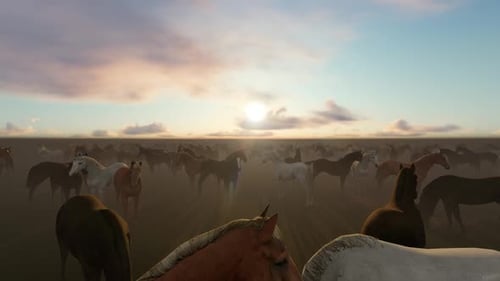 Majestic Herd of Horses in a Golden Sunset Field
