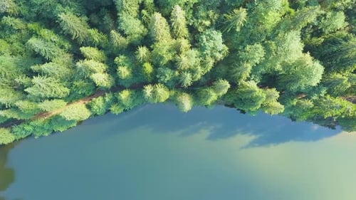 Top down aerial view of big lake with clear blue water between high mountain hills covered with