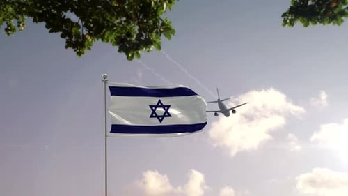 Waving Flag of Israel with Airplane Flying Over Modern City