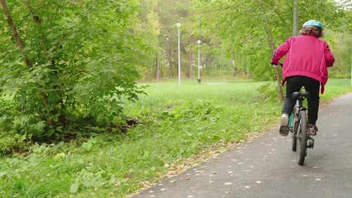 Boy Bicyclist Riding on Bicycle on Pathway in Autumn Park Rear View