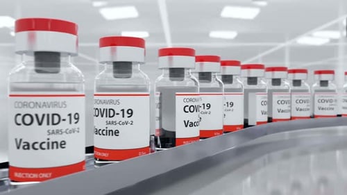 Coronavirus Sars Vaccine and Covid-19 Vaccination Concept on Production Line