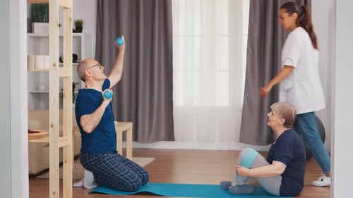 Seniors Exercise With Weights And Resistance Band