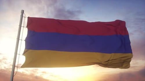 Armenian Flag Waving at Sunset