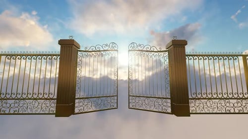 Heavenly Golden Gates Open to Bright Light and Blue Sky