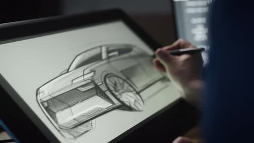 Hand Sketches Car Design on Digital Screen