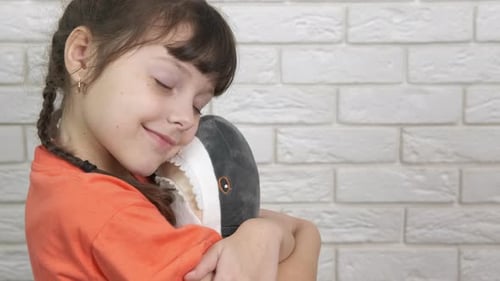 Girl Comforts Stuffed Shark Toy with a Hug