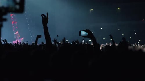 Crowd Enjoying a Concert with Raised Hands and Phones