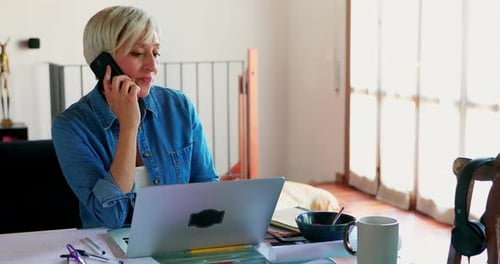 Woman Working at Home Talking on Phone