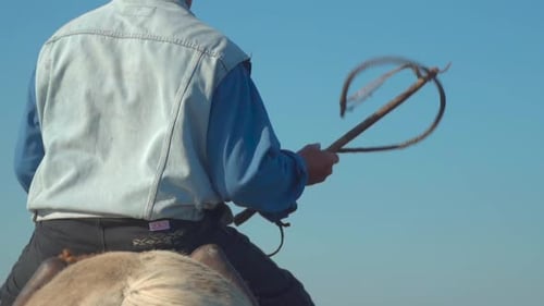 Rural man horseback rides white horse and swings crop, slow motion