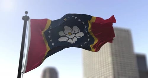 Realistic Mississippi State Flag Waving in Daylight with City Background