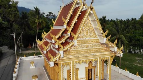 Classic Buddhist Temple Between Forest, From Above Drone View Buddhist Monastery Between Green Trees
