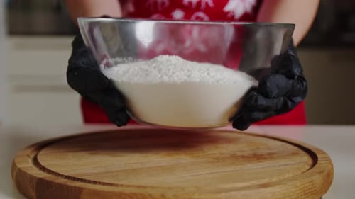 Baker Prepares Ingredients in Bowl Cooking Dough Baking Cake Closeup View