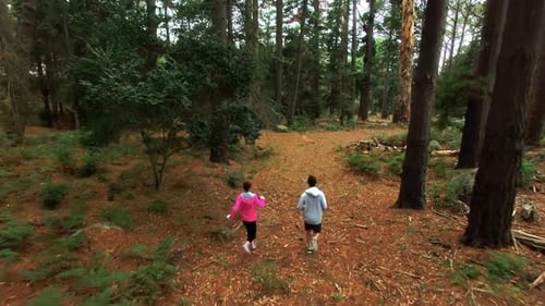 Couple jogging on forest path